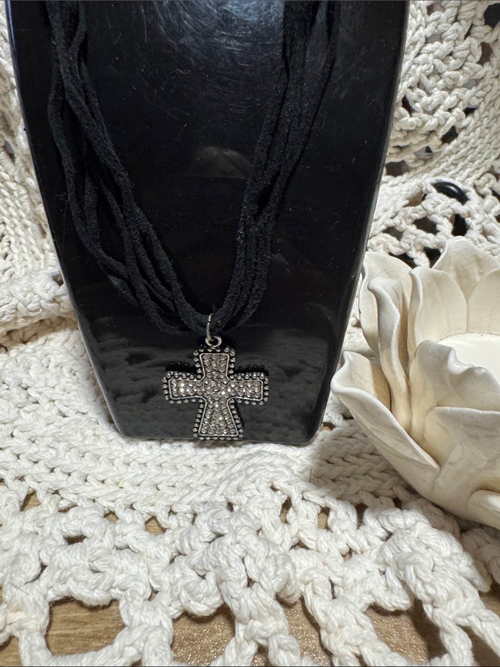 Black Multi-Strand Necklace with Silver Crystal Cross Pendant